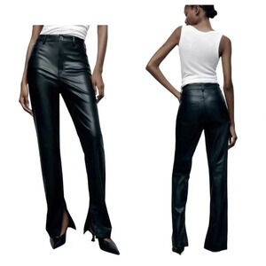 ZARA Women’s Faux Leather High Waisted Flared Split Hem Wide Leg Pants Size 12